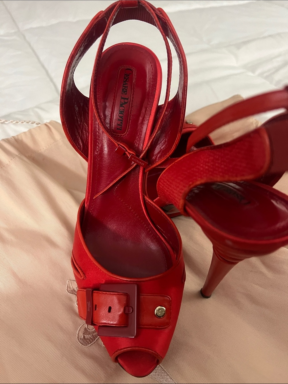 Cesare Paciotti Red Peep-Toe Stiletto Heels with Buckle